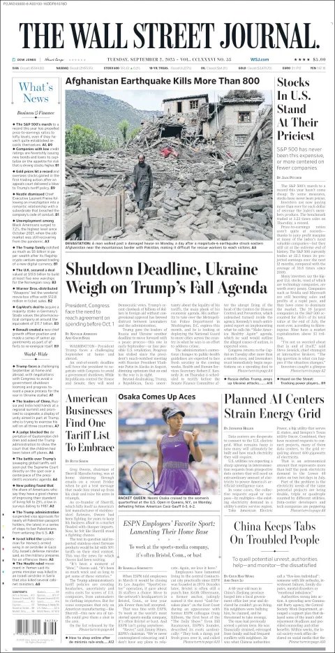 Portada de The Wall Street Journal del martes, 2 de septiembre de 2025