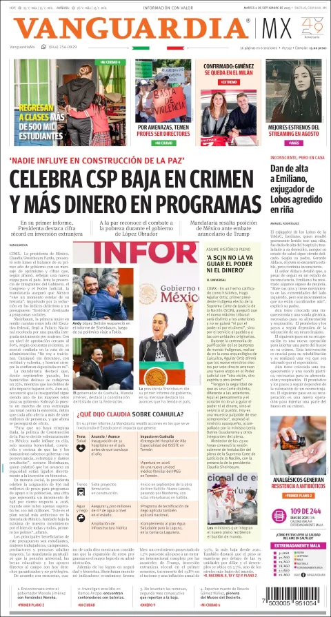 Portada de Vanguardia del martes, 2 de septiembre de 2025