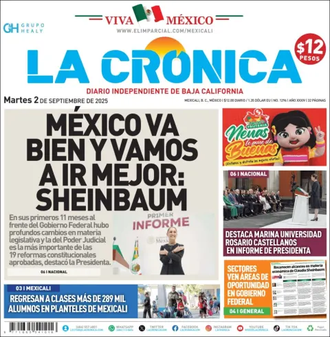 Portada de La Cronica del martes, 2 de septiembre de 2025