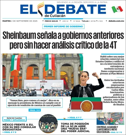 Portada de El Debate de Culiacan del martes, 2 de septiembre de 2025