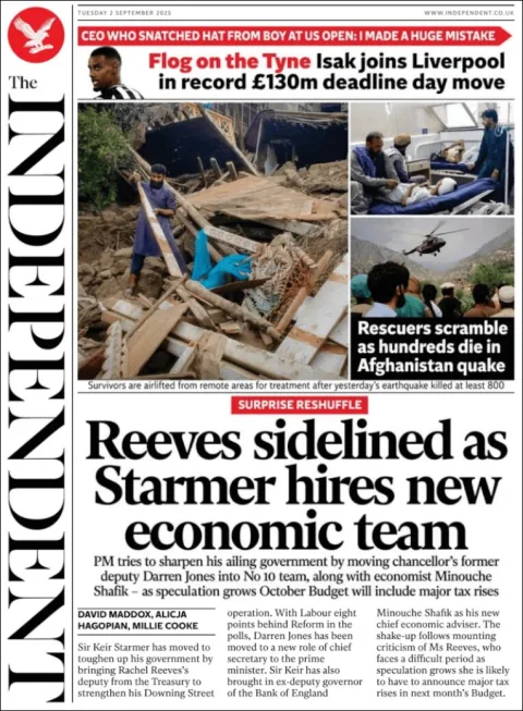 Portada de The Independent del martes, 2 de septiembre de 2025