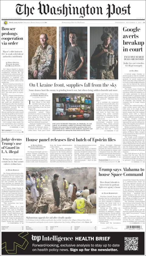 Portada de The Washington Post del miércoles, 3 de septiembre de 2025