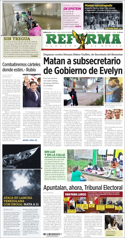 Portada de Reforma del miércoles, 3 de septiembre de 2025