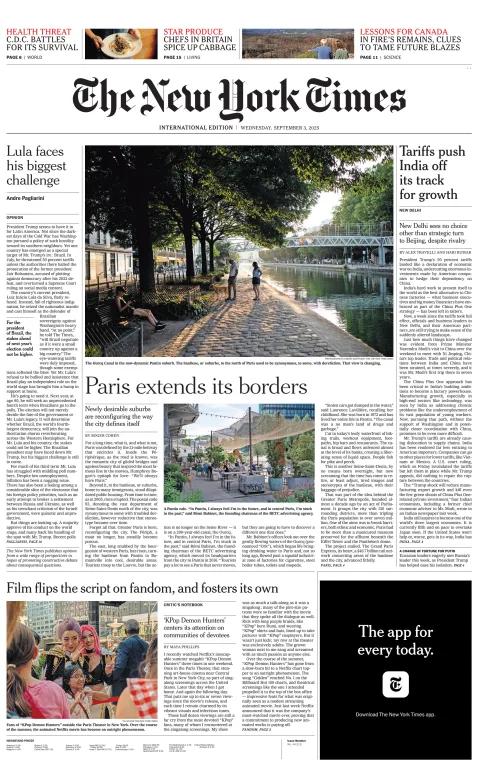 Portada de The New York Times (international) del miércoles, 3 de septiembre de 2025