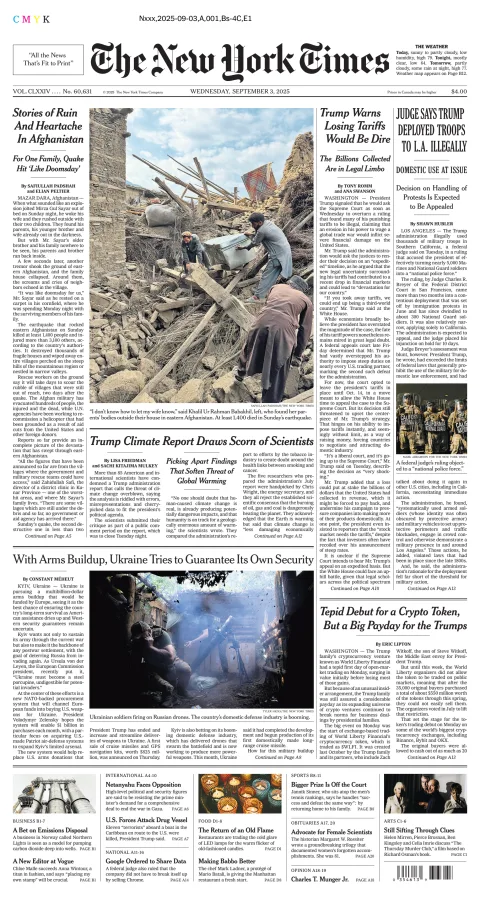 Portada de The New York Times (new York) del miércoles, 3 de septiembre de 2025