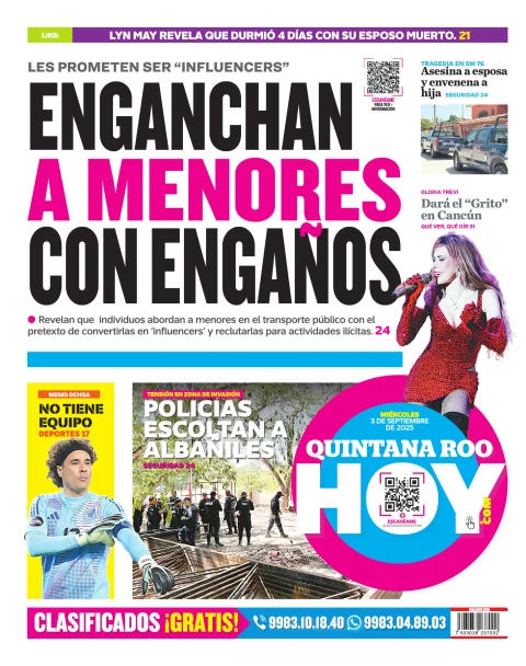 Portada de Quintana Roo Hoy (contraportada) del miércoles, 3 de septiembre de 2025