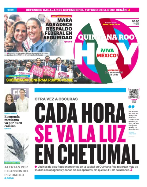Portada de Quintana Roo Hoy (portada) del miércoles, 3 de septiembre de 2025