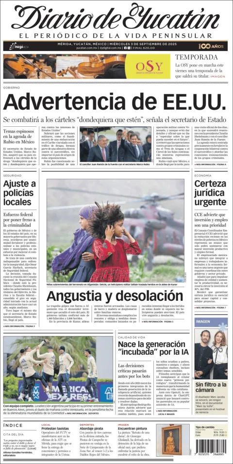 Portada de Diario de Yucatán del miércoles, 3 de septiembre de 2025
