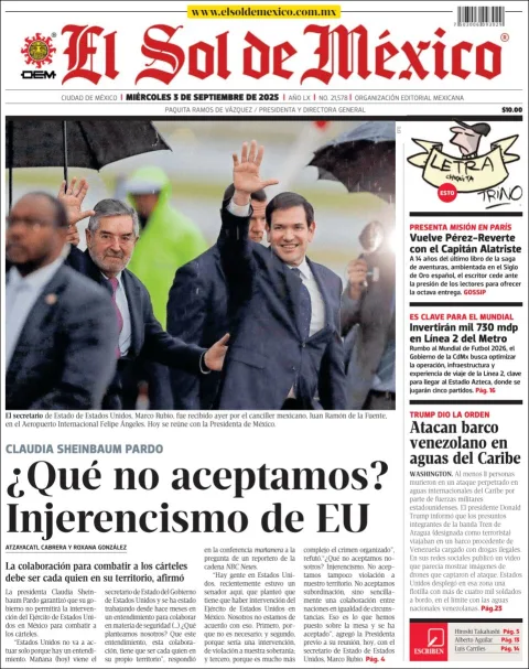 Portada de El Sol de Mexico del miércoles, 3 de septiembre de 2025