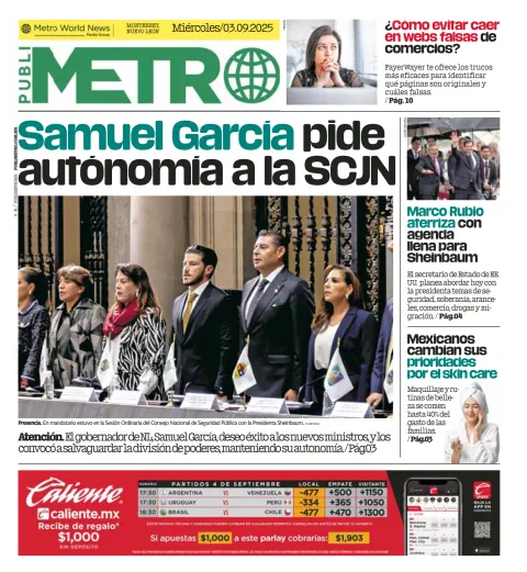 Portada de Publimetro Monterrey del miércoles, 3 de septiembre de 2025