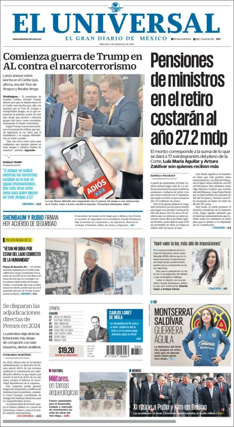Portada de El Universal del miércoles, 3 de septiembre de 2025