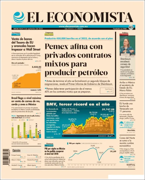 Portada de El Economista del miércoles, 3 de septiembre de 2025
