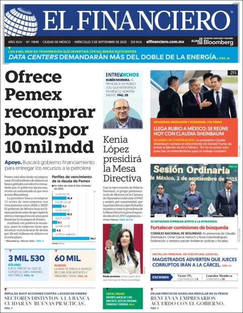 Portada de El Financiero del miércoles, 3 de septiembre de 2025