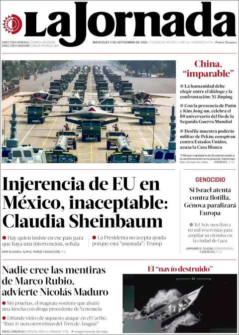 Portada de La Jornada del miércoles, 3 de septiembre de 2025