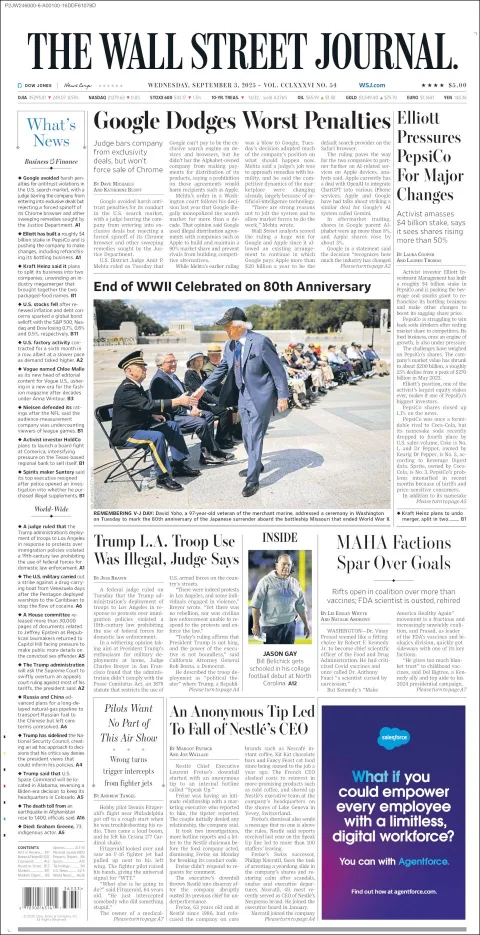 Portada de The Wall Street Journal del miércoles, 3 de septiembre de 2025