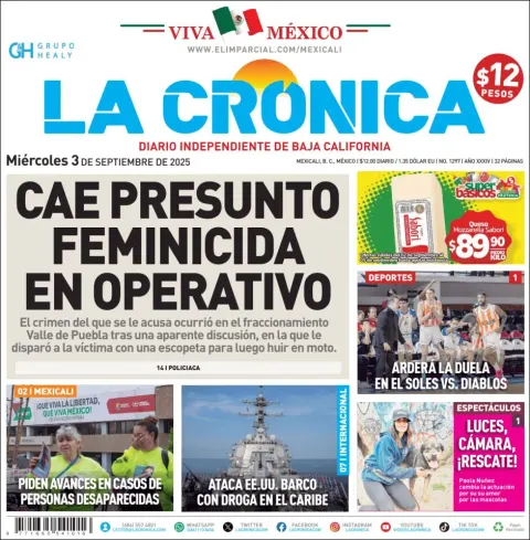 Portada de La Cronica del miércoles, 3 de septiembre de 2025