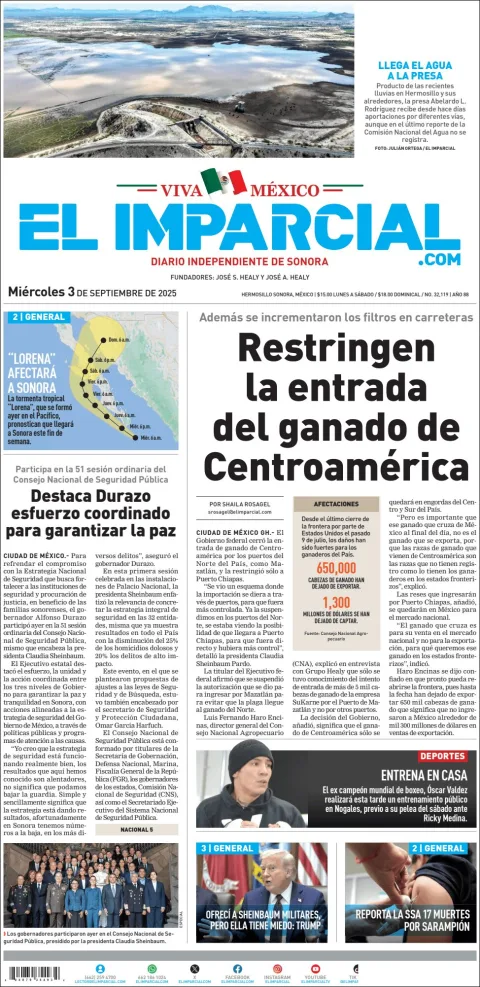 Portada de El Imparcial del miércoles, 3 de septiembre de 2025
