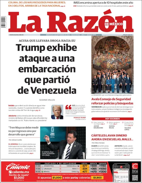 Portada de La Razon del miércoles, 3 de septiembre de 2025