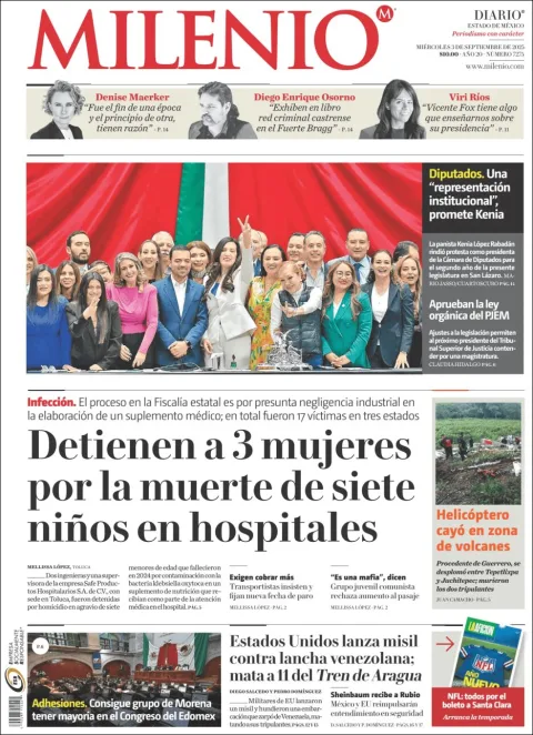 Portada de Milenio Edo de Mexico del miércoles, 3 de septiembre de 2025