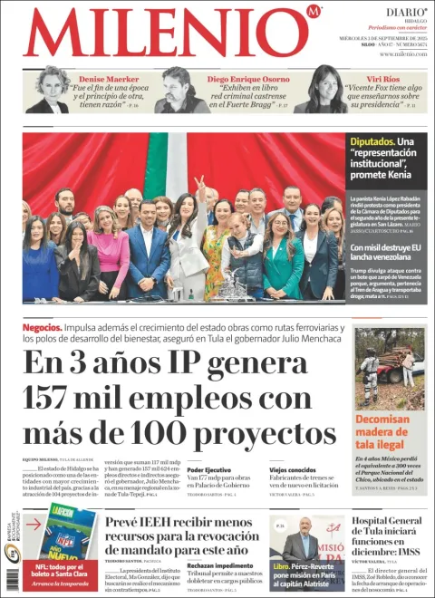Portada de Milenio Hidalgo del miércoles, 3 de septiembre de 2025