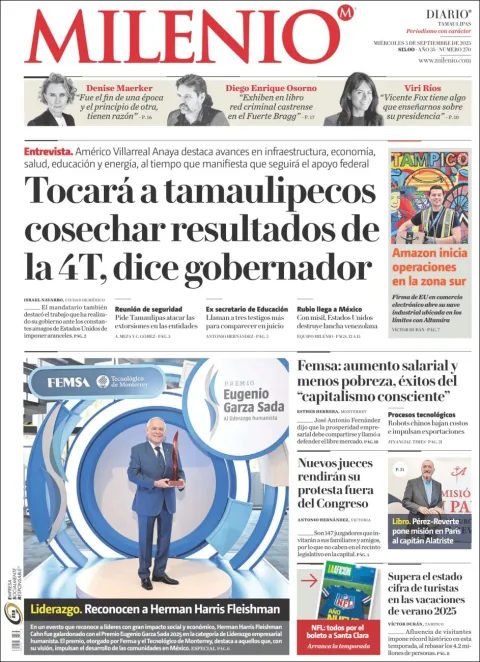 Portada de Milenio Tamaulipas del miércoles, 3 de septiembre de 2025