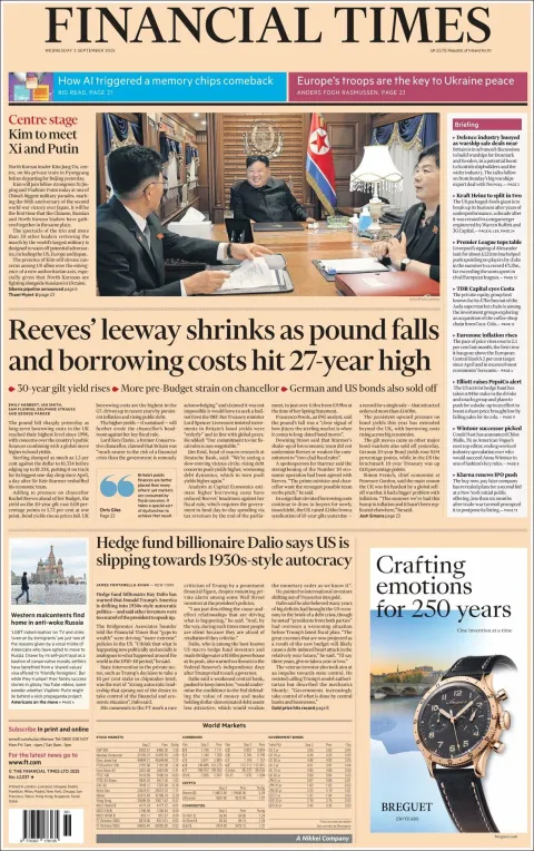 Portada de Financial Times del miércoles, 3 de septiembre de 2025