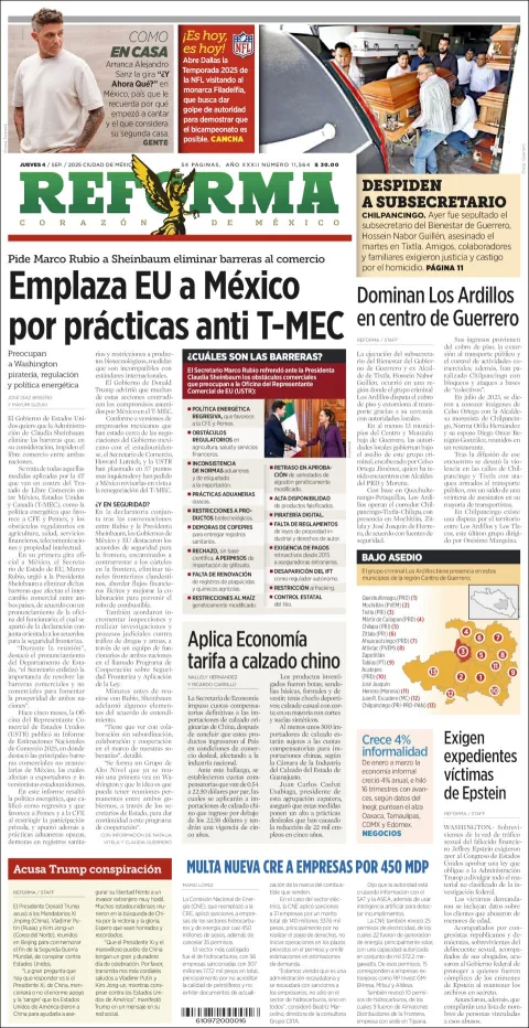 Portada de Reforma del jueves, 4 de septiembre de 2025