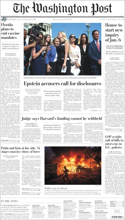 Portada de The Washington Post del jueves, 4 de septiembre de 2025