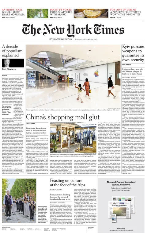 Portada de The New York Times (international) del jueves, 4 de septiembre de 2025