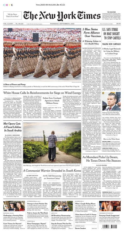 Portada de The New York Times (national) del jueves, 4 de septiembre de 2025