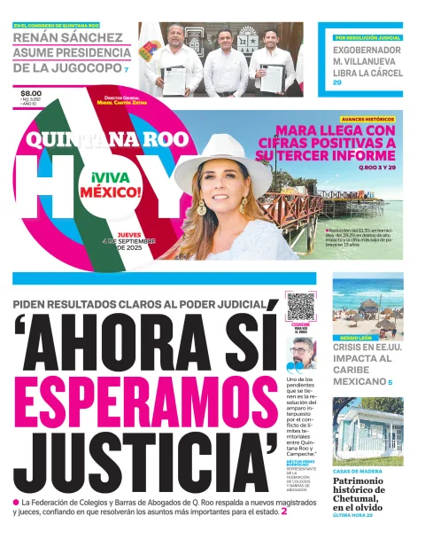 Portada de Quintana Roo Hoy (portada) del jueves, 4 de septiembre de 2025
