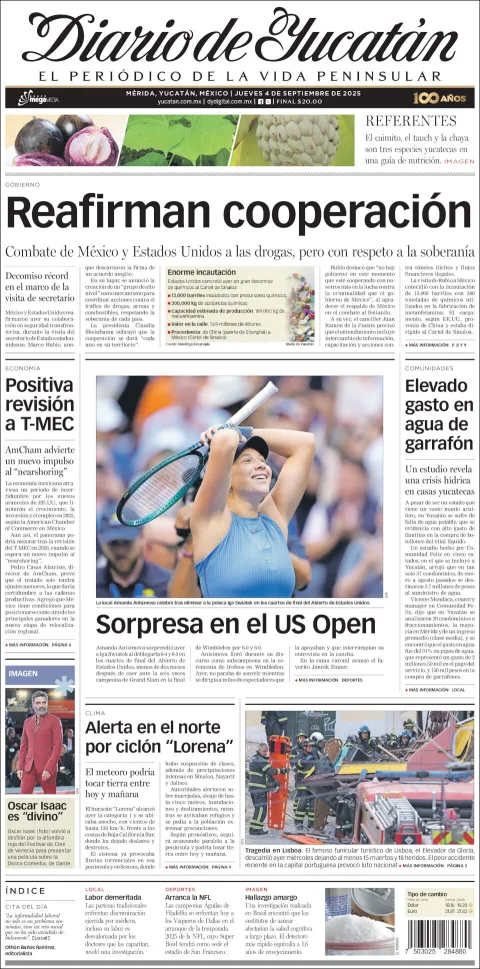 Portada de Diario de Yucatán del jueves, 4 de septiembre de 2025