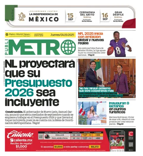 Portada de Publimetro Monterrey del jueves, 4 de septiembre de 2025