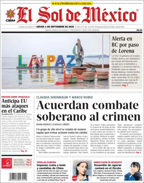 Portada de El Sol de Mexico del jueves, 4 de septiembre de 2025