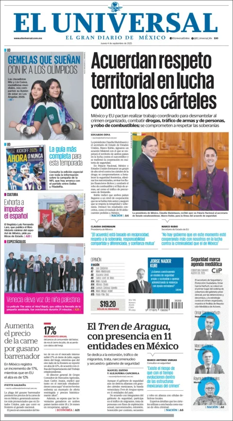 Portada de El Universal del jueves, 4 de septiembre de 2025