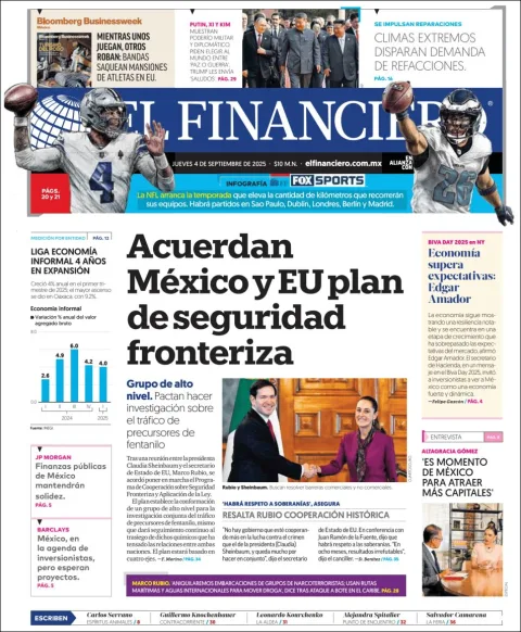 Portada de El Financiero del jueves, 4 de septiembre de 2025