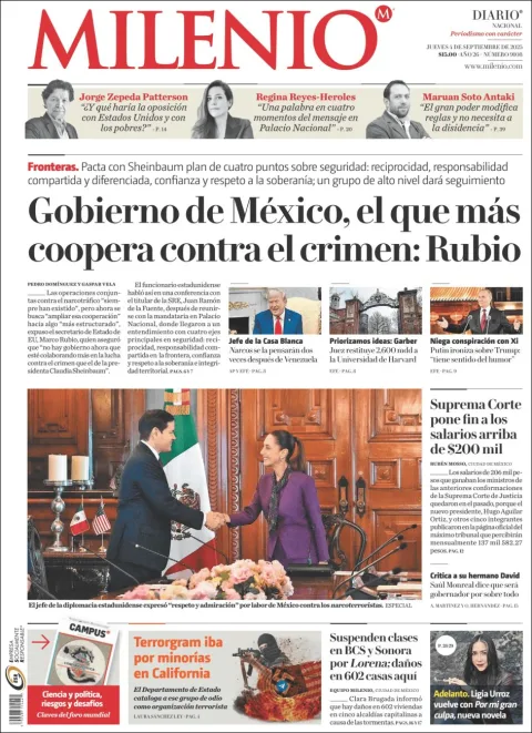 Portada de Milenio del jueves, 5 de septiembre de 2024