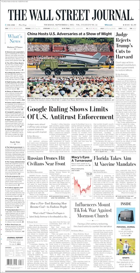 Portada de The Wall Street Journal del jueves, 4 de septiembre de 2025