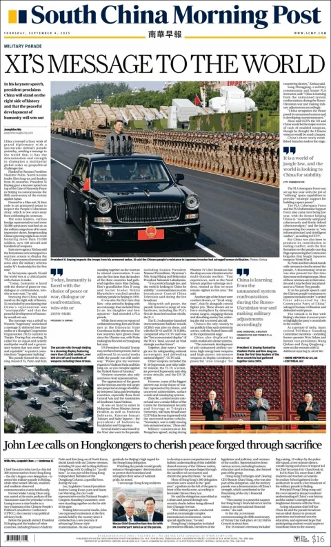 Portada de South China Morning Post del jueves, 4 de septiembre de 2025