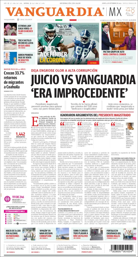 Portada de Vanguardia del jueves, 4 de septiembre de 2025