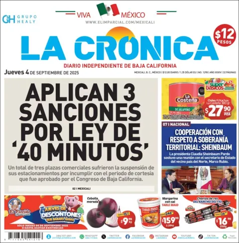 Portada de La Cronica del jueves, 4 de septiembre de 2025