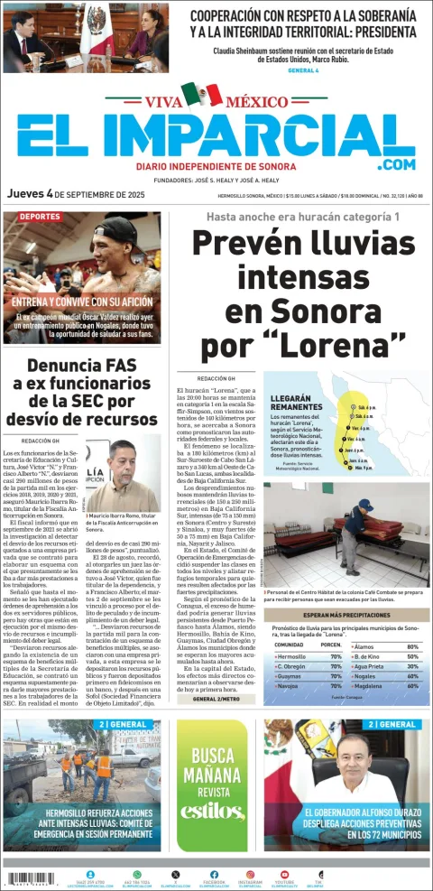 Portada de El Imparcial del jueves, 4 de septiembre de 2025