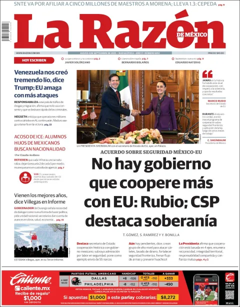 Portada de La Razon del jueves, 4 de septiembre de 2025