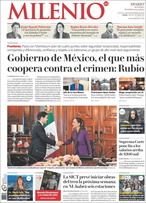Portada de Milenio del jueves, 4 de septiembre de 2025