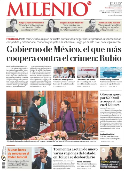 Portada de Milenio Edo de Mexico del viernes, 5 de septiembre de 2025