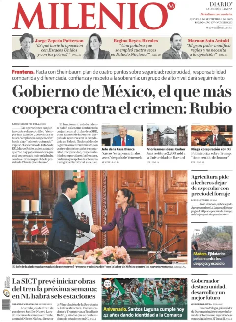 Portada de Milenio Laguna del viernes, 5 de septiembre de 2025
