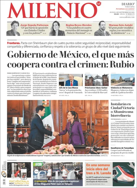 Portada de Milenio Tamaulipas del jueves, 4 de septiembre de 2025