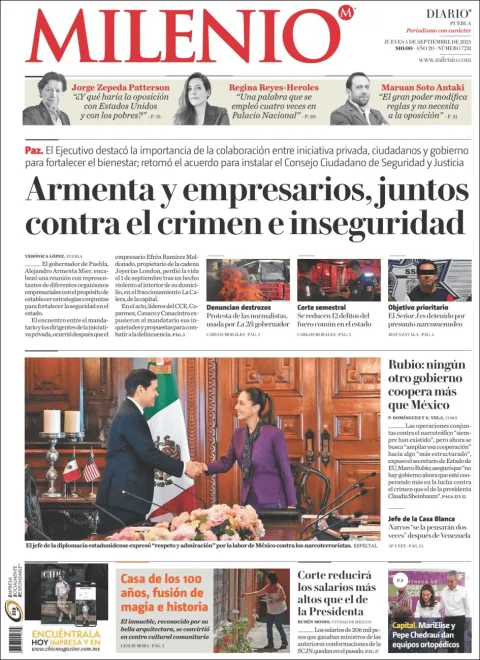 Portada de Milenio Puebla del jueves, 4 de septiembre de 2025
