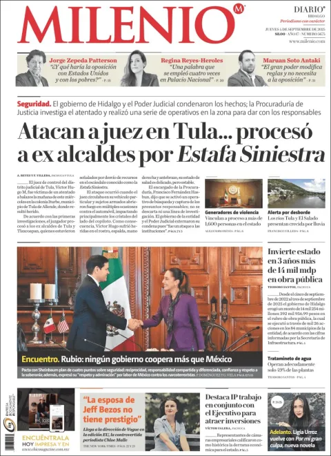 Portada de Milenio Hidalgo del viernes, 5 de septiembre de 2025