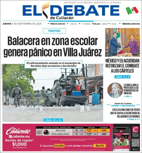 Portada de El Debate de Culiacan del jueves, 4 de septiembre de 2025